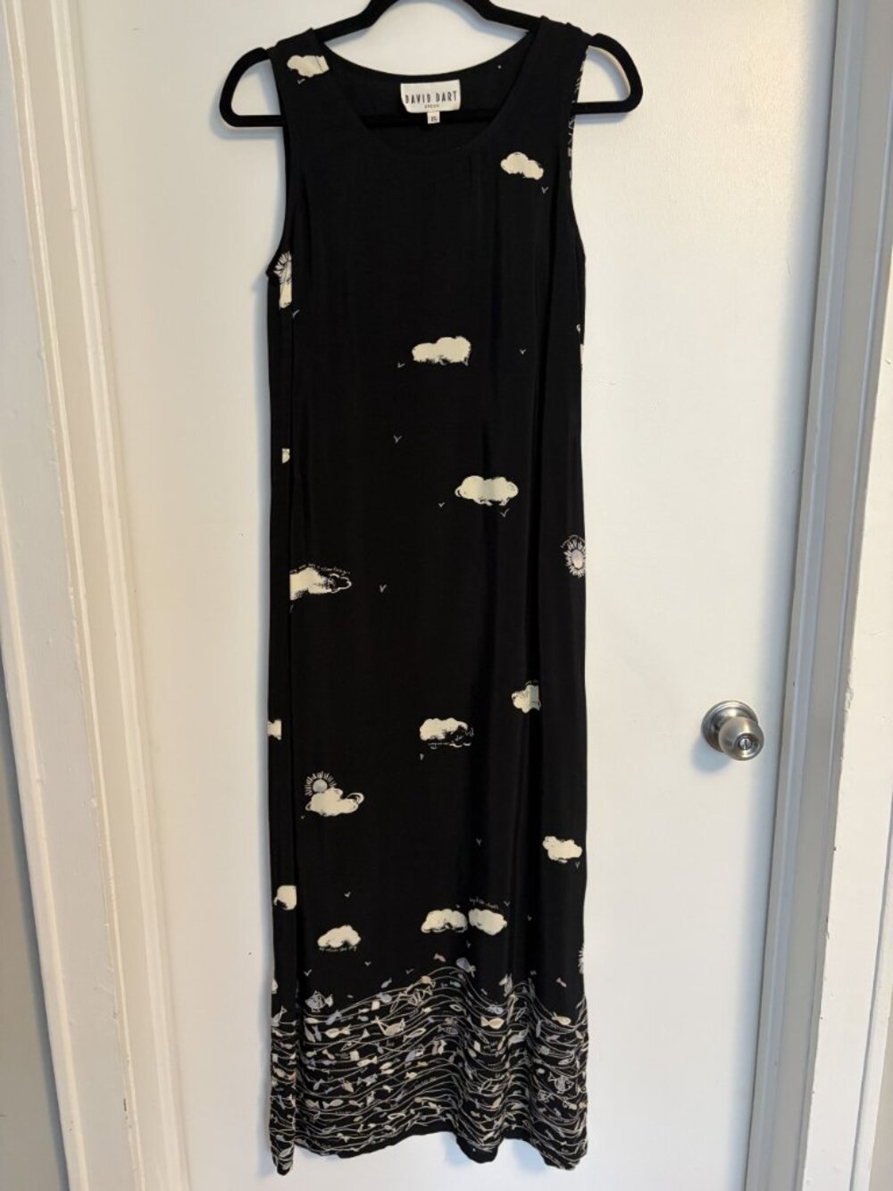 David Dart Sleeveless Maxi Sun Dress XS Whimsical Cloud Butter Mom Black 90s VTG - Picture 16 of 16